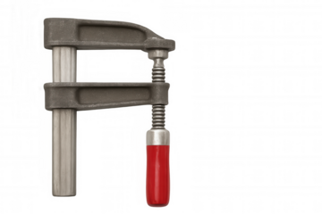 Metal c-clamp pressing tool featuring red handle, positioned for woodworking crafting on transparent background