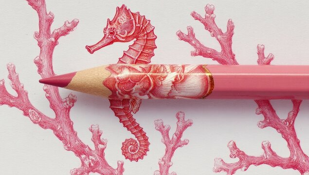 Pink pencil with seahorse and coral design