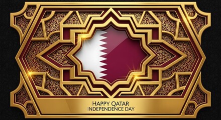Qatar Independence Day: Luxurious Golden Frame with Flag and Ornamentation.