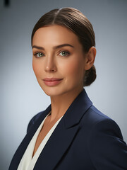 Professional woman in a dark suit and white blouse looking confidently ahead