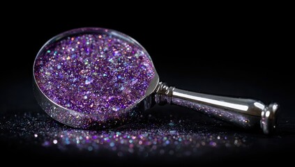 Purple glitter magnified by a magnifying glass