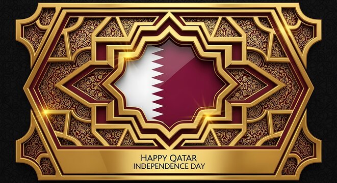 Qatar Independence Day: Luxurious Golden Frame with Flag and Ornamentation.