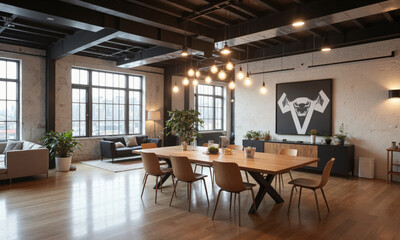 Fototapeta premium Industrial-inspired meeting room with a wooden table, metal chairs, and Edison bulb pendant lights. Task lighting focuses on the meeting table, while overhead