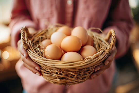 Person holding a wicker basket filled with eggs