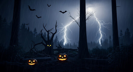 Halloween night scene with pumpkins bats lightning and spooky tree in a dark forest setting