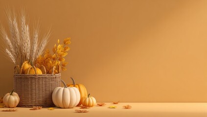 Autumnal wicker basket with pumpkins and fall foliage on a muted orange background
