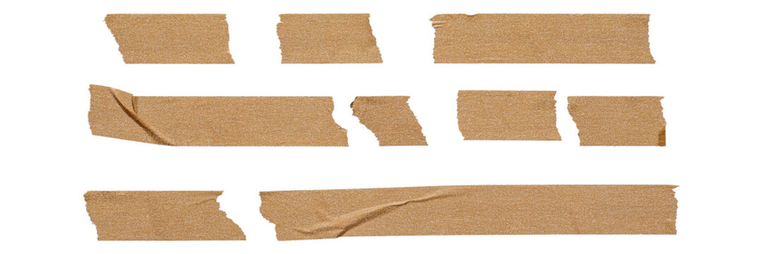 set of brown adhesive torn tape isolated transparent png background,Paper tape sticker with ripped edges,Design template or mockup.Torn masking tape