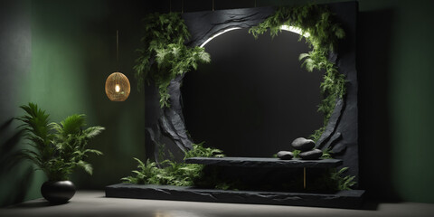 Elegant Dark Zen Decor with Green Plants and Soft Lighting empty product podium 