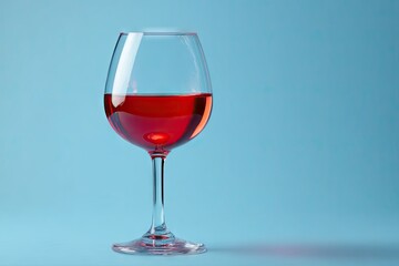 Single wine glass filled with red liquid against a light blue backdrop