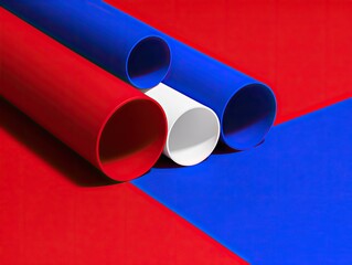 Three colorful tubes, red and blue, on a red and blue background