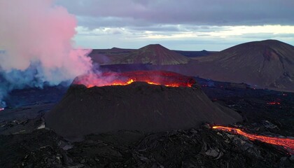 Dramatic volcanic landscape at sunset, with a fiery sky over snow-capped mountain peaks