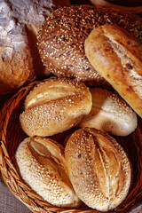 Fresh baked bread. Assorted bakery products loafs of bread and rolls...