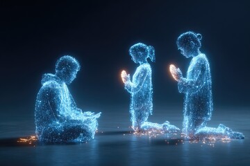 Family in prayer, glowing, digital art