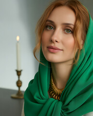 Elegant woman with red hair wearing a green scarf and necklace by candlelight