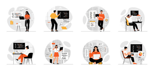 Bundle of Backend Development concepts with people scene in flat cartoon design. Collection work with men and women. People creating program code, development of software and programming. Vector

