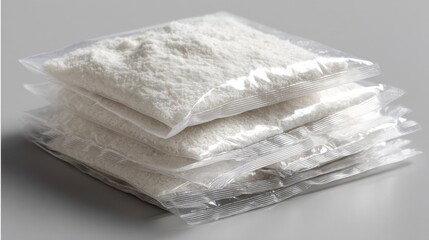 Folded plastic bags stacked for clean sterile packaging concept product branding medical laboratory food safety composition photography