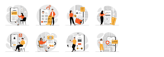 Bundle of Mobile Banking concepts with people scene in flat cartoon design. Collection work with men and women. People with financial account on smartphone screen checks all banking activities. Vect	

