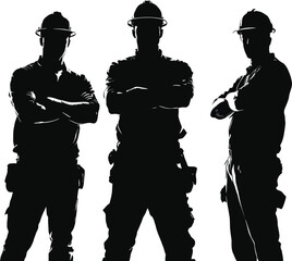 "Black Silhouette Illustration of Three Individuals Wearing Hard Hats and Work Clothes with Arms Crossed – Confident Stance Representing Teamwork, Labor, and Safety in Industrial and Construction Prof