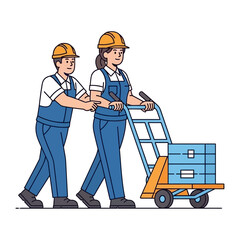 Team of Mover in Action: Energetic movers working in unison, pushing a dolly filled with crates, showcasing teamwork and dedication within the moving sector.