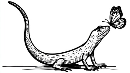 Lizard gazes at butterfly on its nose; simple, graphic, black and white