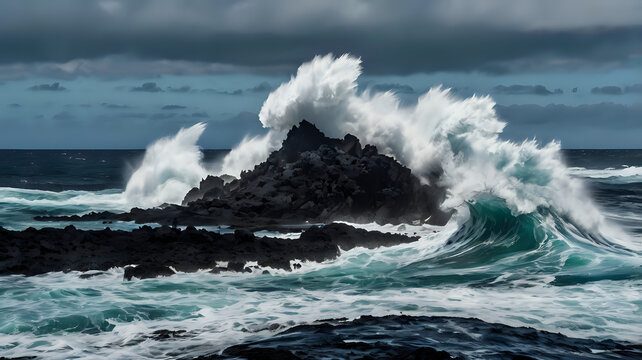Ocean waves crashing against black volcanic rocks, high-speed captured