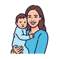 Obraz premium Mother holding baby in blue outfit with smiling face and brown hair on white background child infant