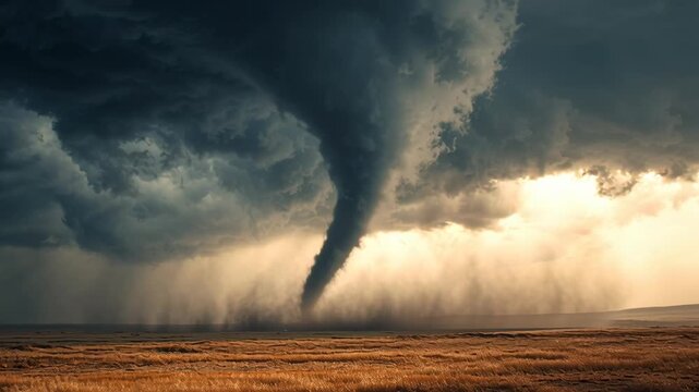 Tornado over open field during dramatic storm &ndash; extreme weather, natural disaster, twister, severe thunderstorm, climate change, storm chasing, supercell clouds, dangerous wind, disaster concept