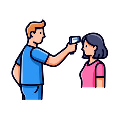 Person using infrared thermometer to check temperature of another person temperature check health screening