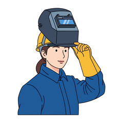 Female Welder with Protective Gear: A skilled female welder, wearing a safety helmet and protective gear, prepares for a task. The image captures a professional in a manual labor environment.