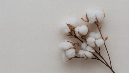 Delicate cotton stems with fluffy bolls on textured background