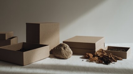 Stack of cardboard boxes with natural food packaging and burlap for eco friendly product branding photography storage shipping delivery