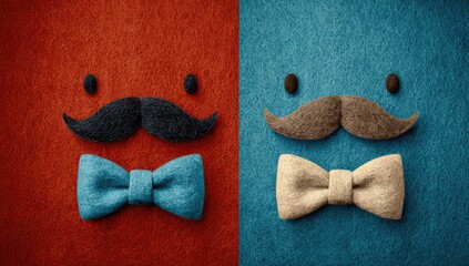 Two faces with mustaches and bows, one red, one blue