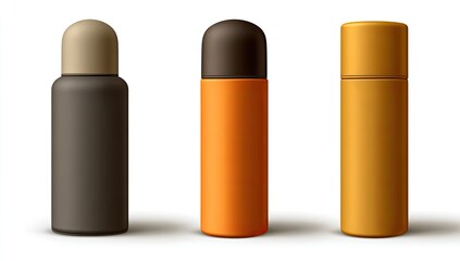 Three spray can containers, dark brown, orange, and gold