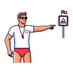 Lifeguard Directing : The determined lifeguard is standing ready, pointing in the right direction for safety. with a whistle in place, he shows a symbol.