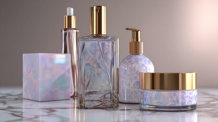 Elegant perfume bottles with marble design and golden caps for luxury cosmetic product branding skincare photography marketing visuals