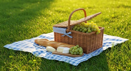 Picnic celebration with fresh fruits and breads in a sunny park outdoor scene vibrant greenery