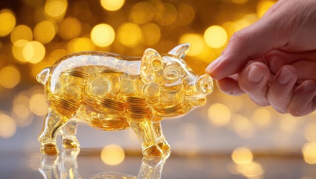 Transparent golden piggy bank filled with coins, a hand reaching to touch its snout, against a bokeh background - Powered by Adobe