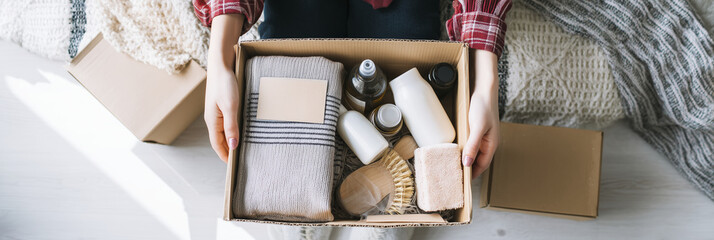 Cozy unboxing experience featuring person holding box filled with various self care items, including towels, oils, and skincare products, evoking sense of relaxation and comfort