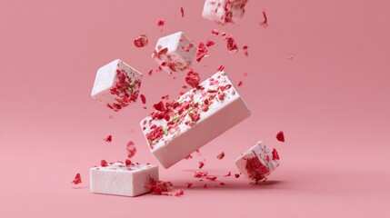 Exploding pink and white cosmetic bar on vibrant backdrop for dynamic beauty product branding advertising creative composition photography
