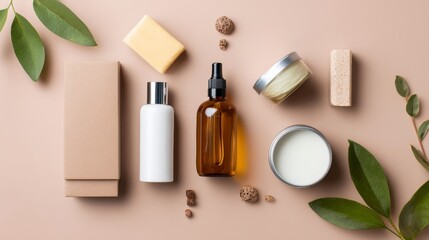 Flat lay of skincare beauty products with leaves on neutral background for wellness branding natural organic product photography design