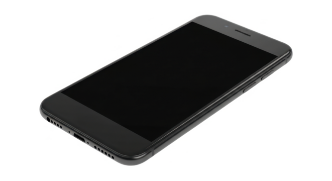Sleek black smartphone with blank screen, isolated on white background.