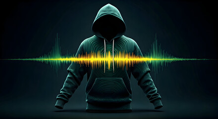 Mysterious figure in a hoodie with a vibrant sound wave across the chest representing audio creativity and digital presence perfect for music production or podcast visuals