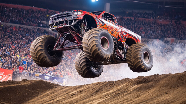 Monster truck mid-air over dirt ramp, massive wheels spinning, packed arena of cheering fans in background