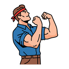 Muscular Man's Confident Pose: A strong man flexes his muscles, showcasing his determination, strength, and fitness. His confident posture is complemented by the minimalist illustration style.