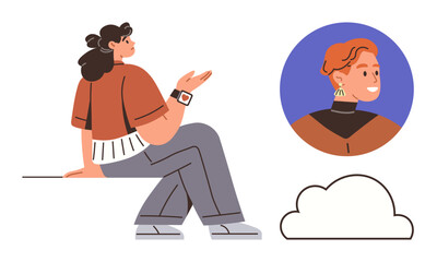 Person sitting relaxed, gesturing in dialogue with profile portrait and cloud element. Ideal for communication, collaboration, social connection, virtual networking, cloud storage, modern trends