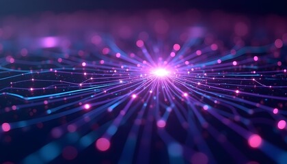 Futuristic AI circuit with interconnected nodes and light trails, purple and cyan color scheme .