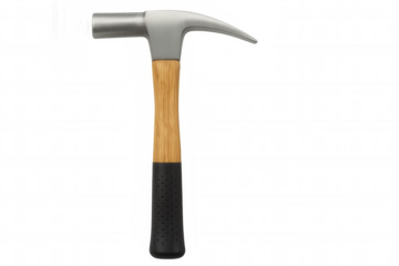 Claw hammer featuring wooden handle, rubber grip against transparent studio backdrop