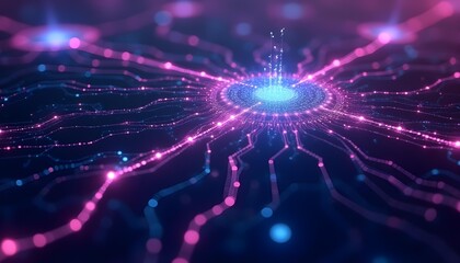 Obraz premium Futuristic AI circuit with interconnected nodes and light trails, purple and cyan color scheme .