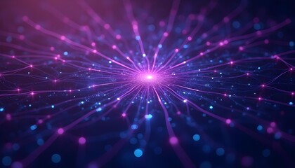Futuristic AI circuit with interconnected nodes and light trails, purple and cyan color scheme .