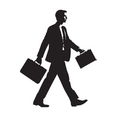  Silhouette of a professionally dressed man walking confidently, viewed in full-body profile. 